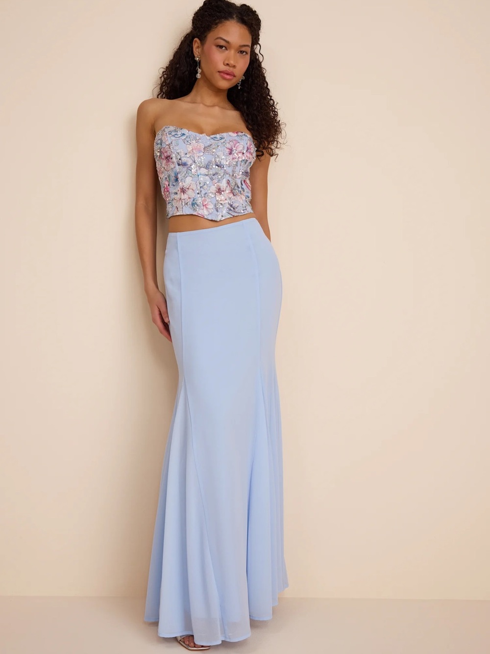 Small Jenna Light Blue Embroidered Strapless Two-Piece Maxi Dress NWT